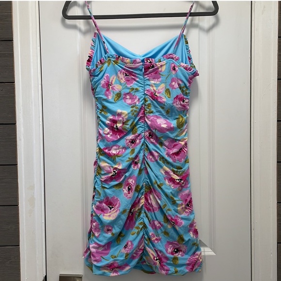 Zara Blue and Pink Floral Ruched Tube Mini Dress - Picture 5 of 13